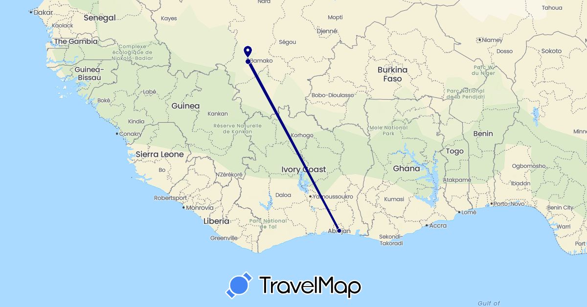 TravelMap itinerary: driving in Côte d'Ivoire, Mali (Africa)